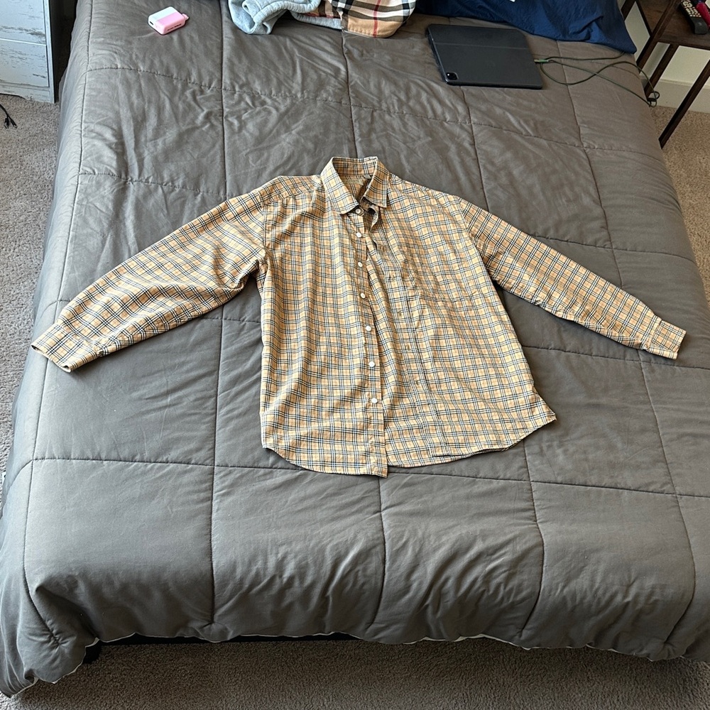 Burberry Men's Tan Checkered Button Down Shirt